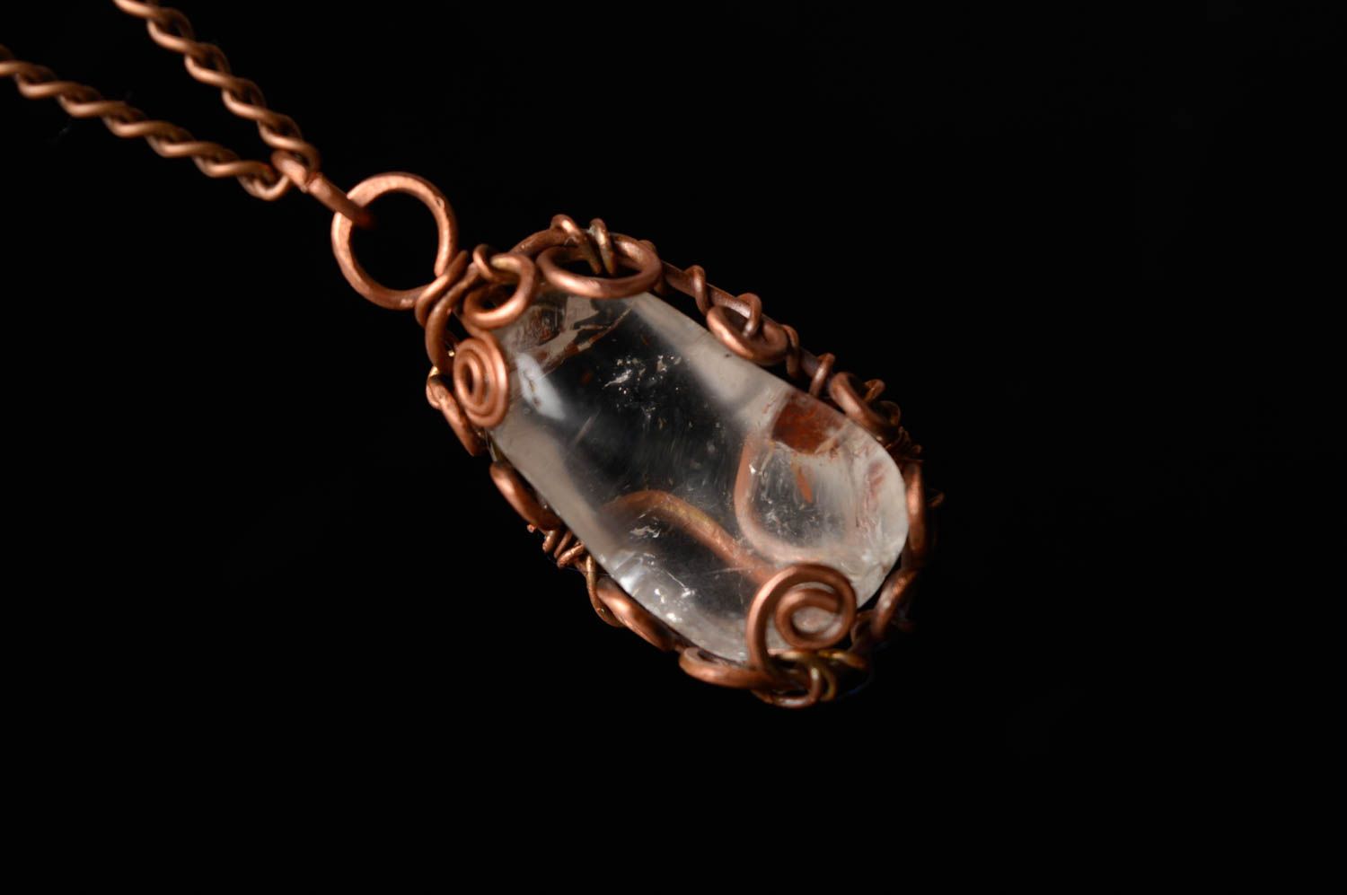 Metal pendant with mountain crystal made using wire wrap technique photo 2