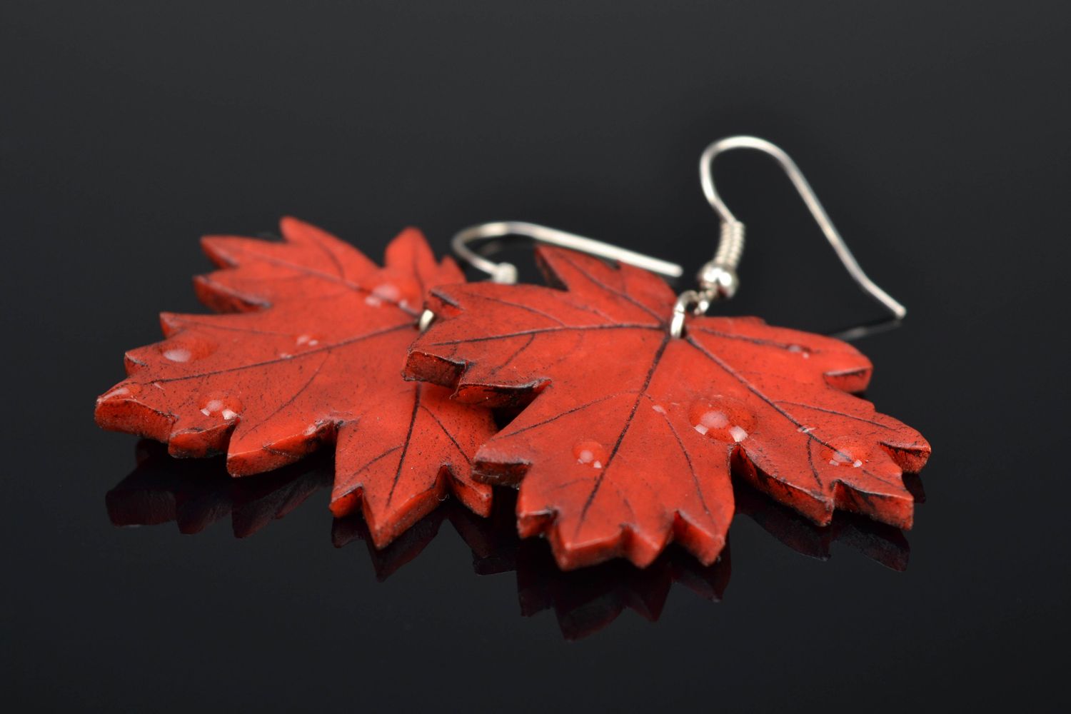Large polymer clay earrings in the shape of maple leaves photo 1