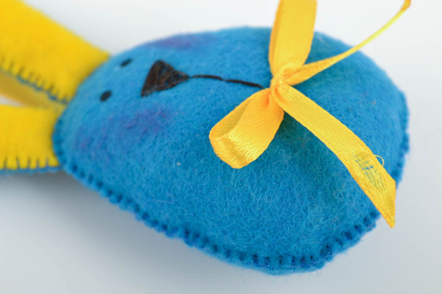Blue and yellow handmade small fabric soft toy hare with eyelet photo 3