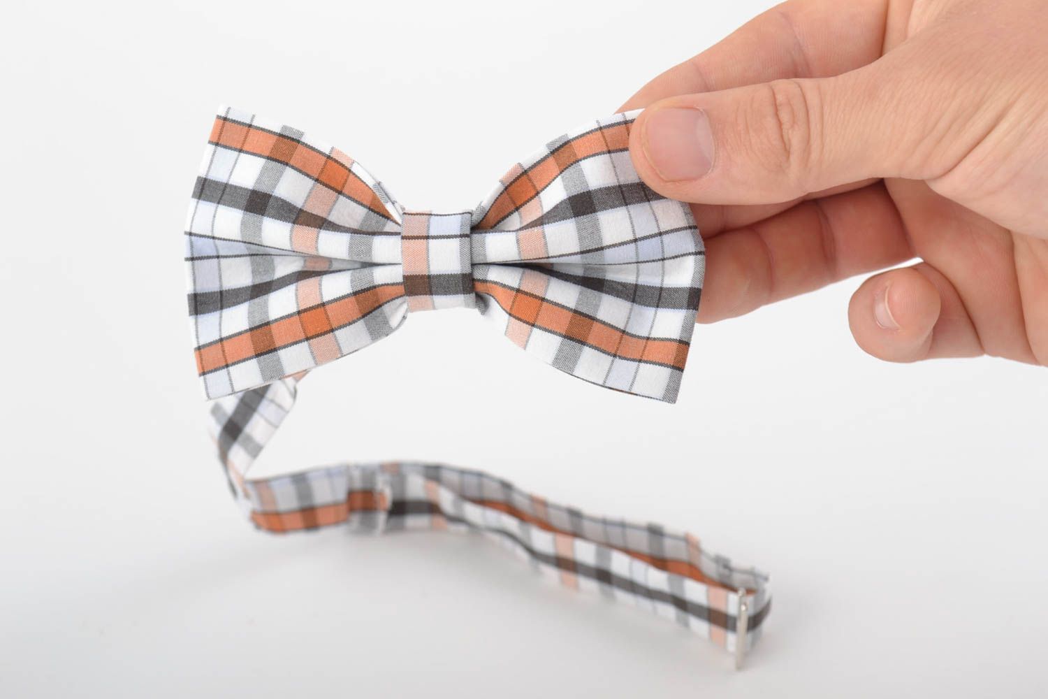 Beautiful handmade checkered cotton fabric bow tie adjustable size photo 4