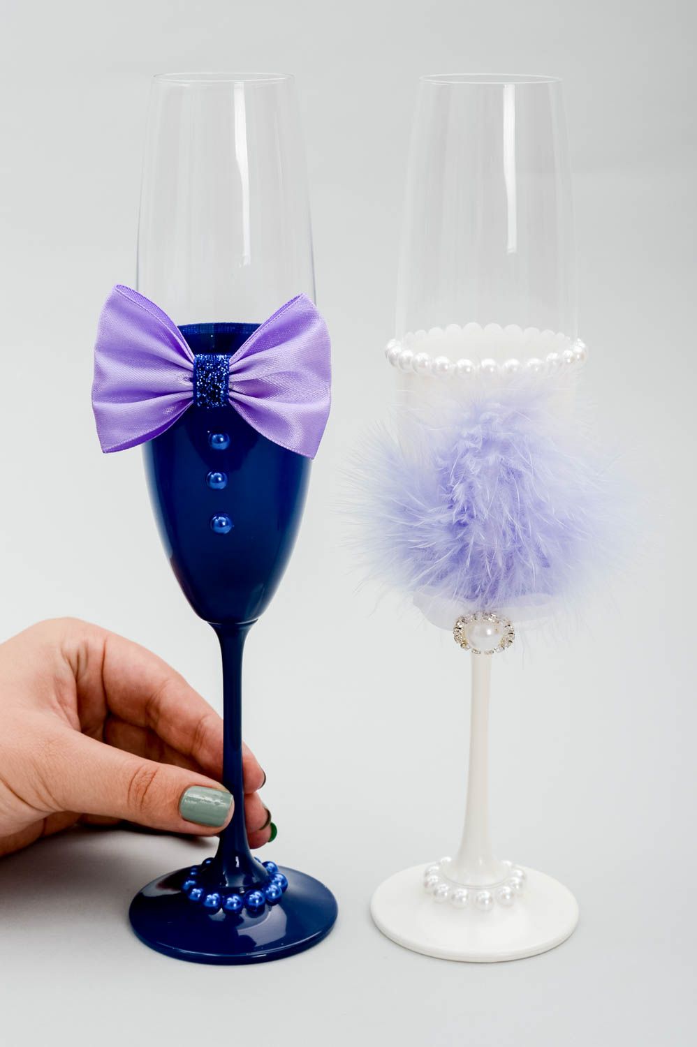 Copas de novios artesanales azul y blanca decoración para boda regalo original foto 5