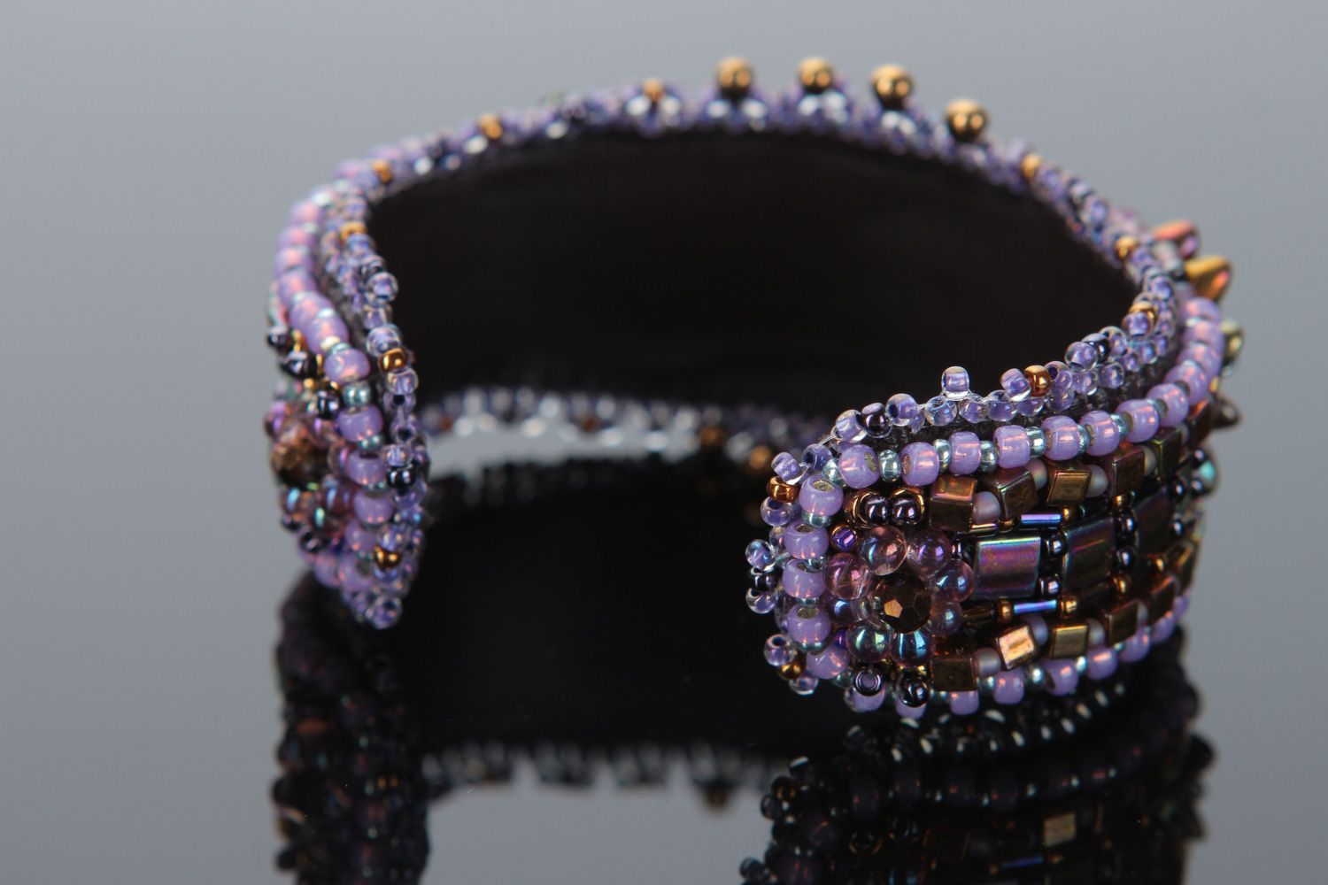 Handmade massive violet wrist bracelet embroidered with sparkling beads photo 3