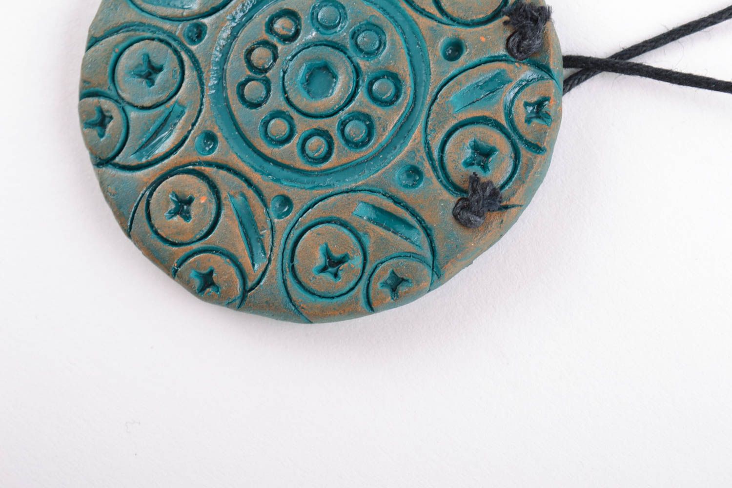 Clay pendant painted with acrylics handmade unusual round accessory for women photo 3