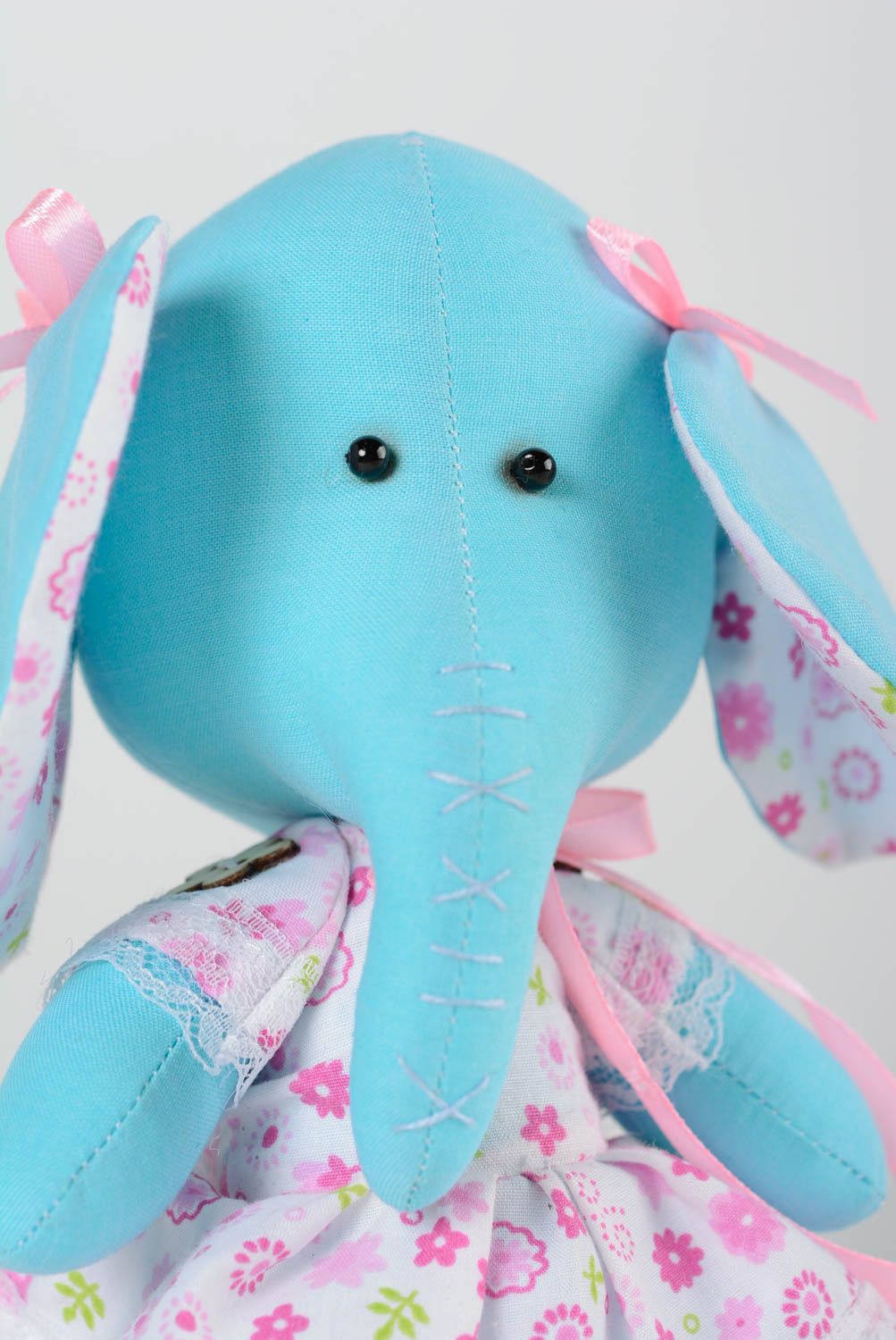 Handmade small cotton fabric soft toy blue elephant girl in floral dress photo 3