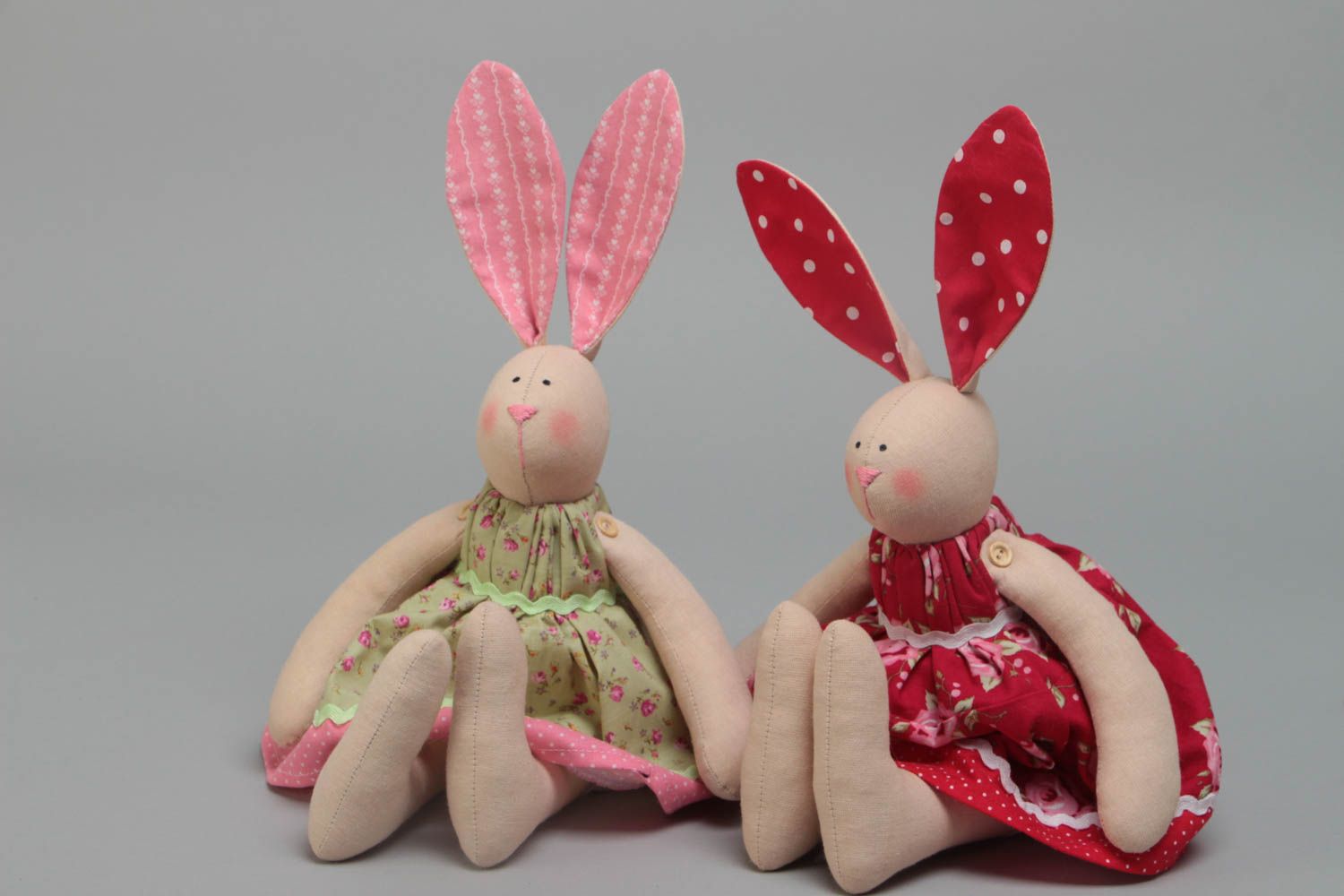 Set of 2 handmade cotton fabric soft toys rabbits in pink and red dresses photo 2