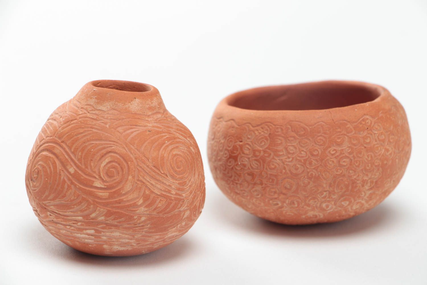 Set of red clay handmade 2,5 inches pot and vase 2 oz, 0,22 lb photo 3