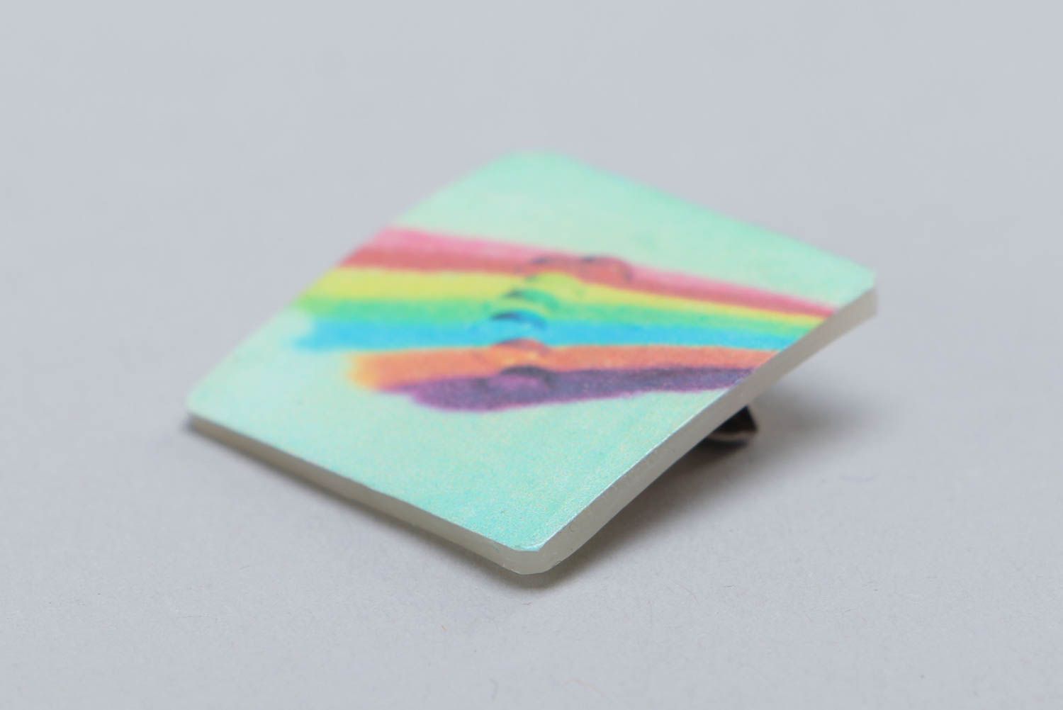 Handcrafted designer square brooch with rainbow made of plastic with metal fittings photo 3