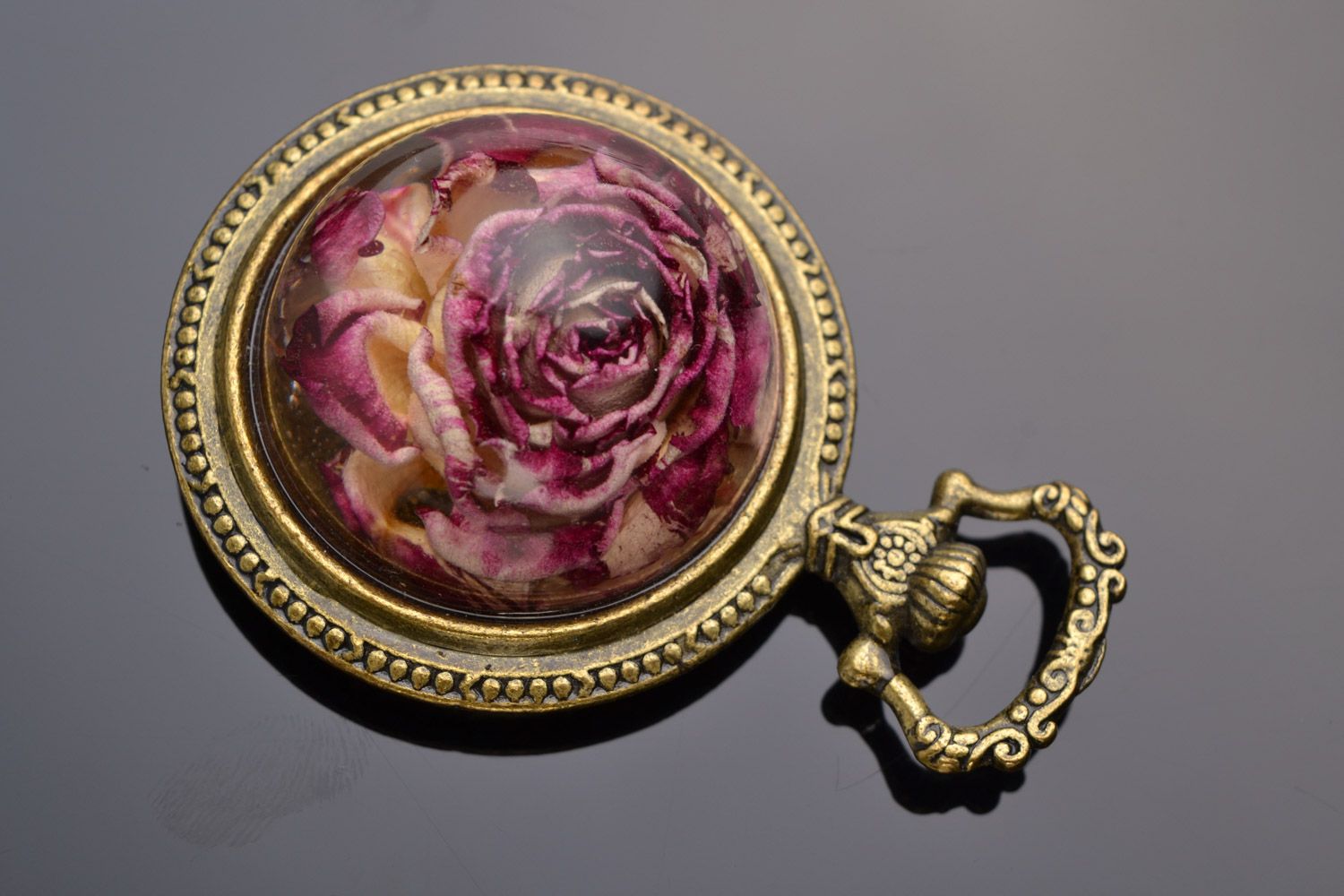 Gentle women's handmade vintage pendant with real rose coated with epoxy resin photo 1