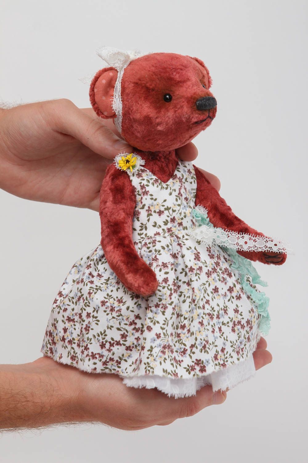 Jouet enfant fait main Peluche ours bordeaux vintage Cadeau original pour fille photo 5
