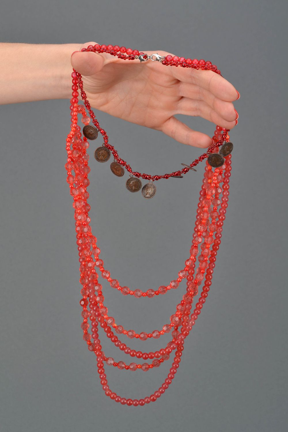 Red glass bead necklace with coins photo 2