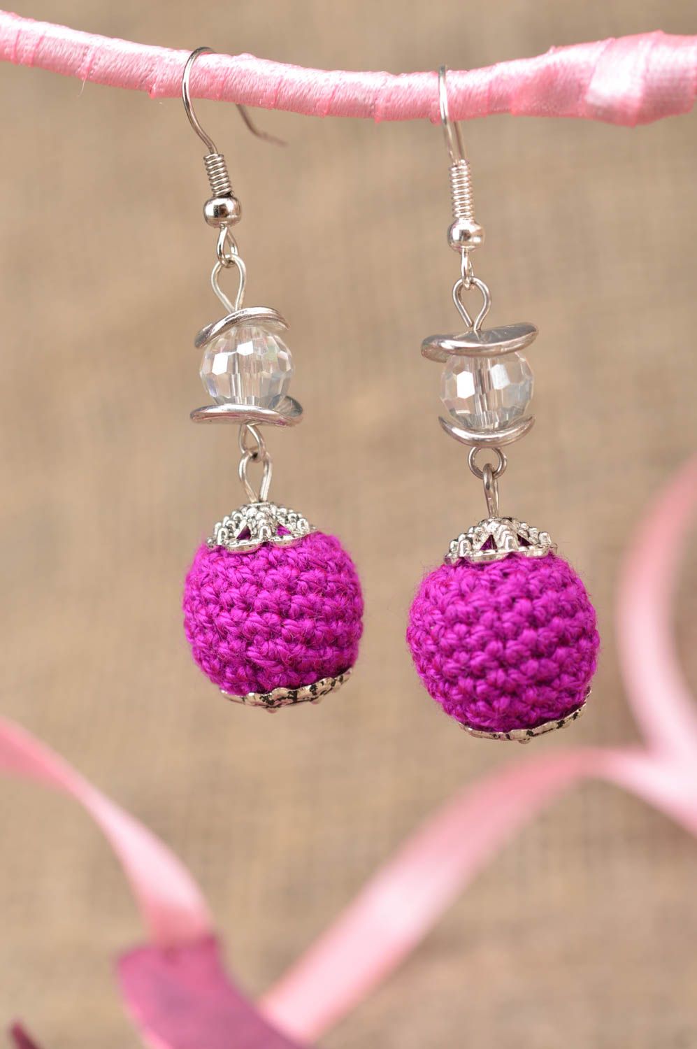 Unusual beautiful handmade designer long crochet ball earrings stylish jewelry photo 1