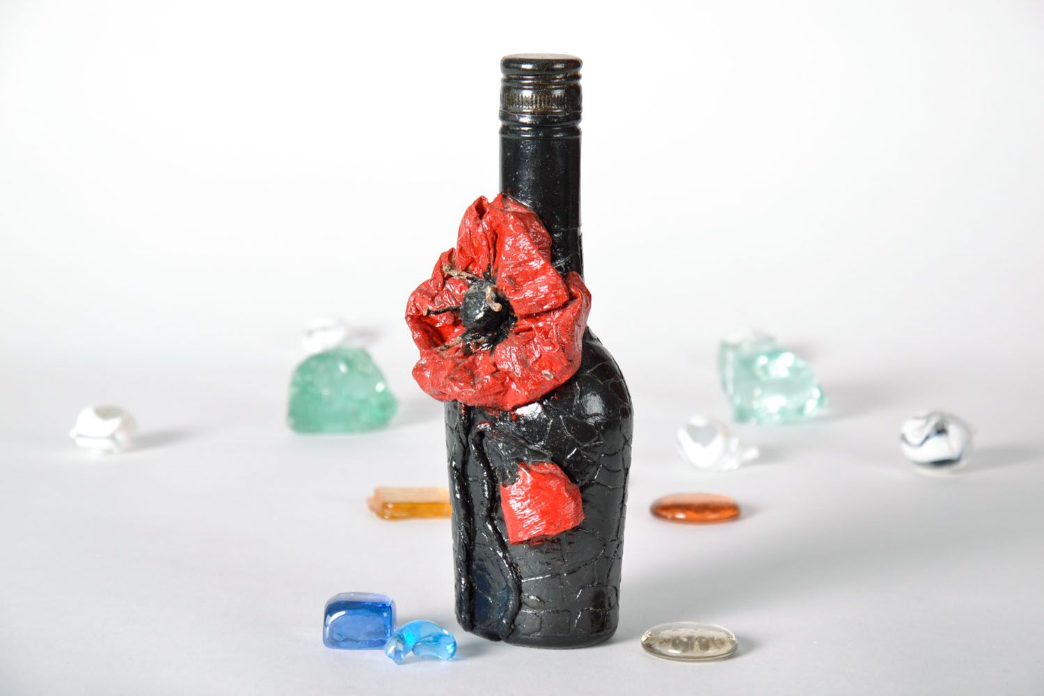 Decorative bottle ornamented with salt dough flower photo 1