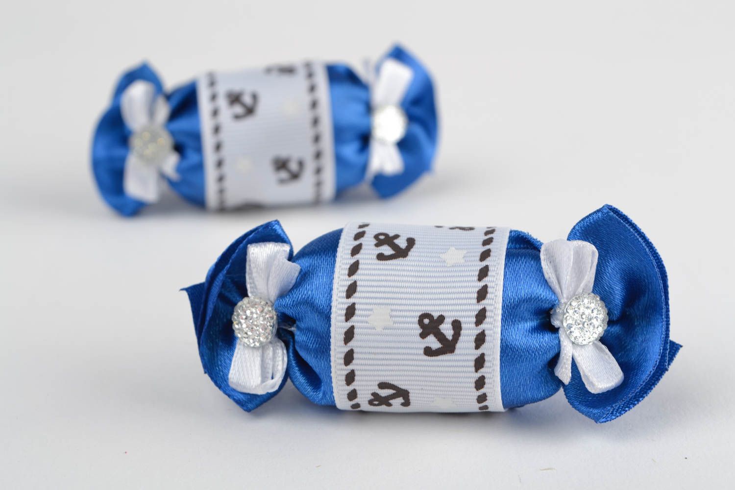 Beautiful children's handmade designer textile hair ties 2 pieces with anchors photo 1
