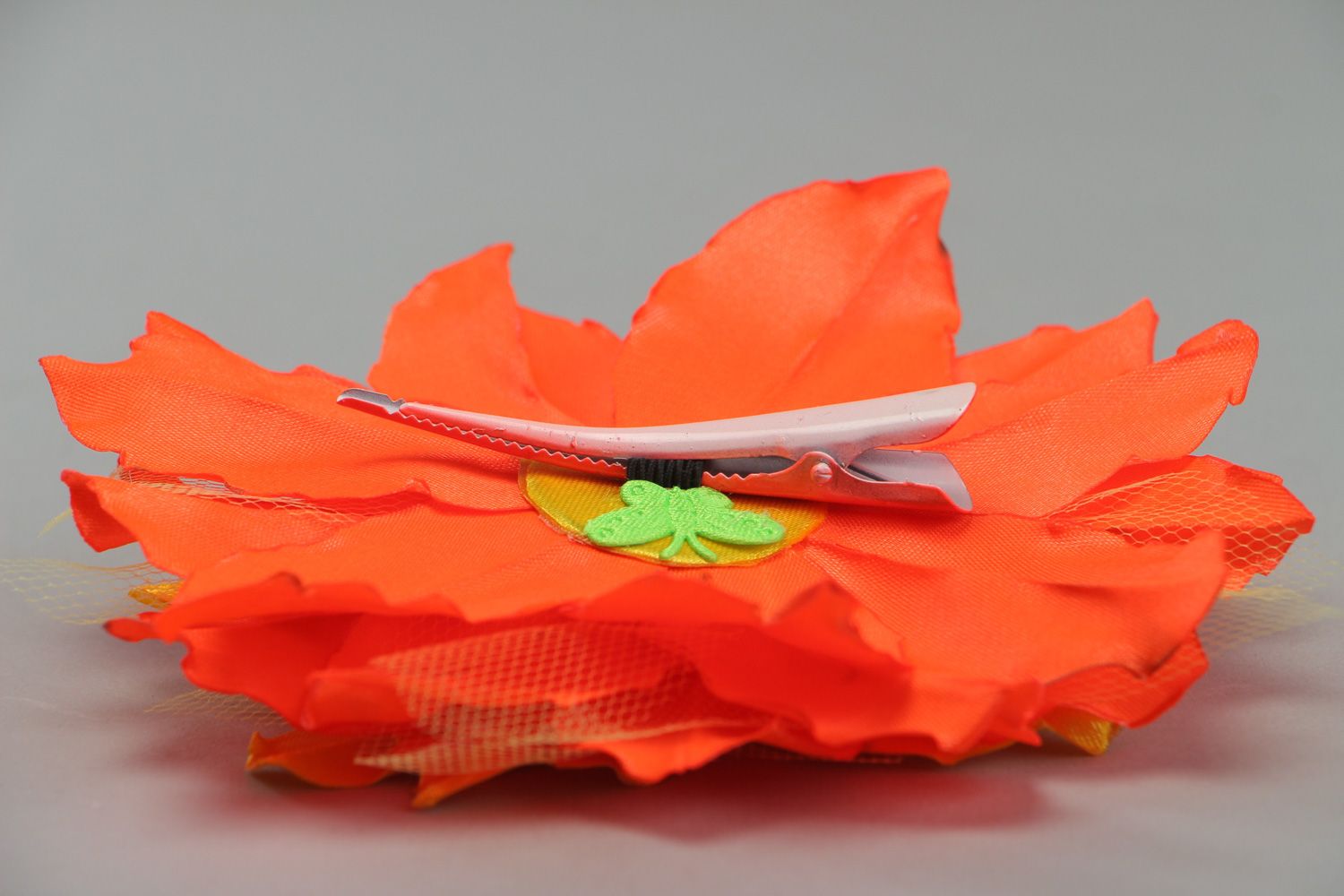 Handmade hair clip with volume yellow and orange lily flower made of satin fabric photo 3