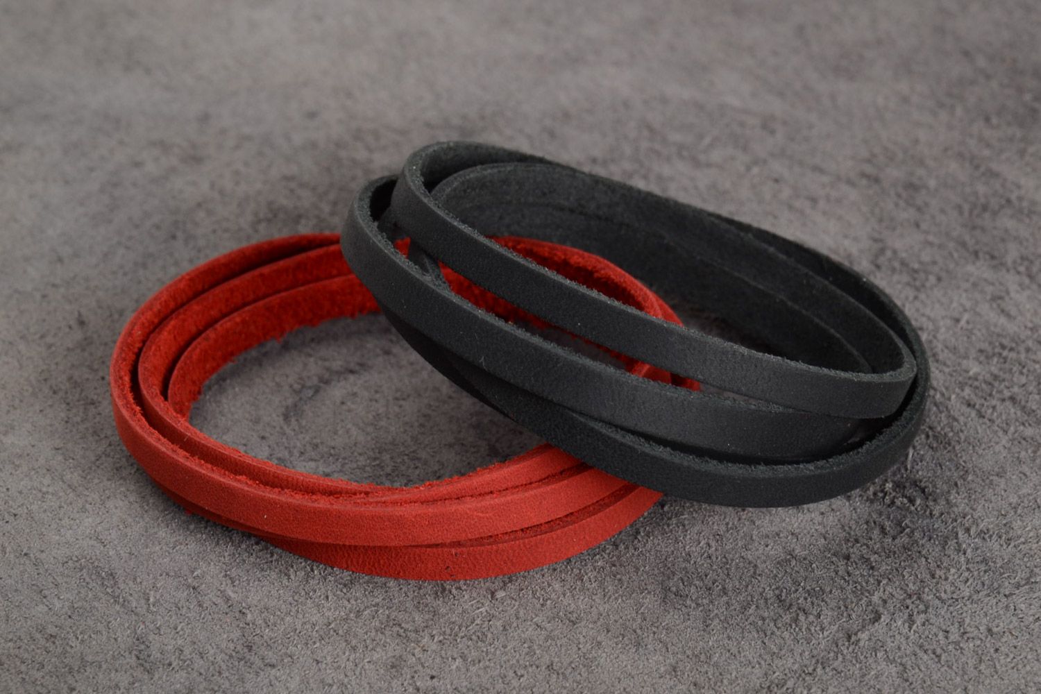 Set of two handmade multi wrap red and black genuine leather wrist bracelets  photo 1