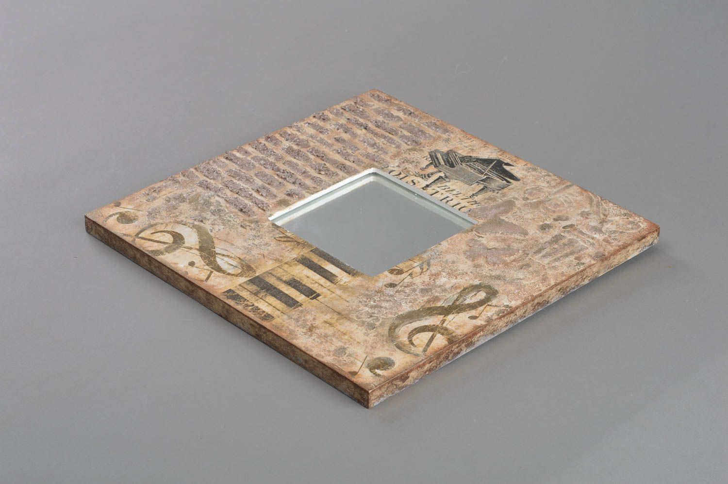 Espejo de pared artesanal cuadrado en marco de madera original decoración  foto 1