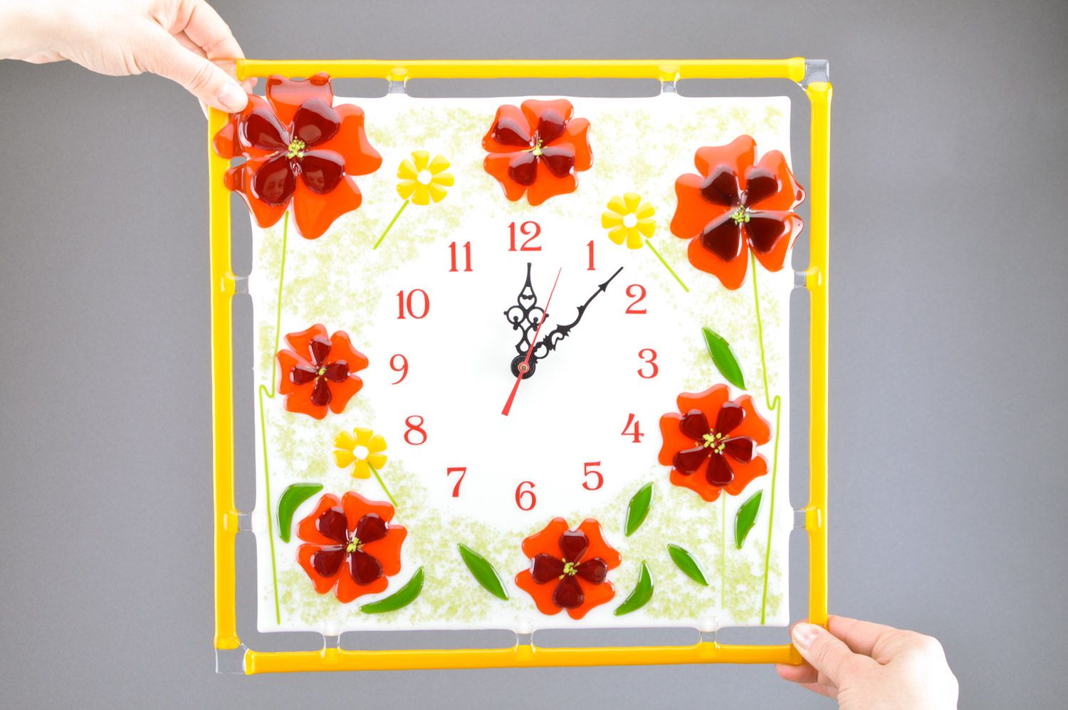 Handmade colorful square fusing glass wall clock with floral ornament  photo 3