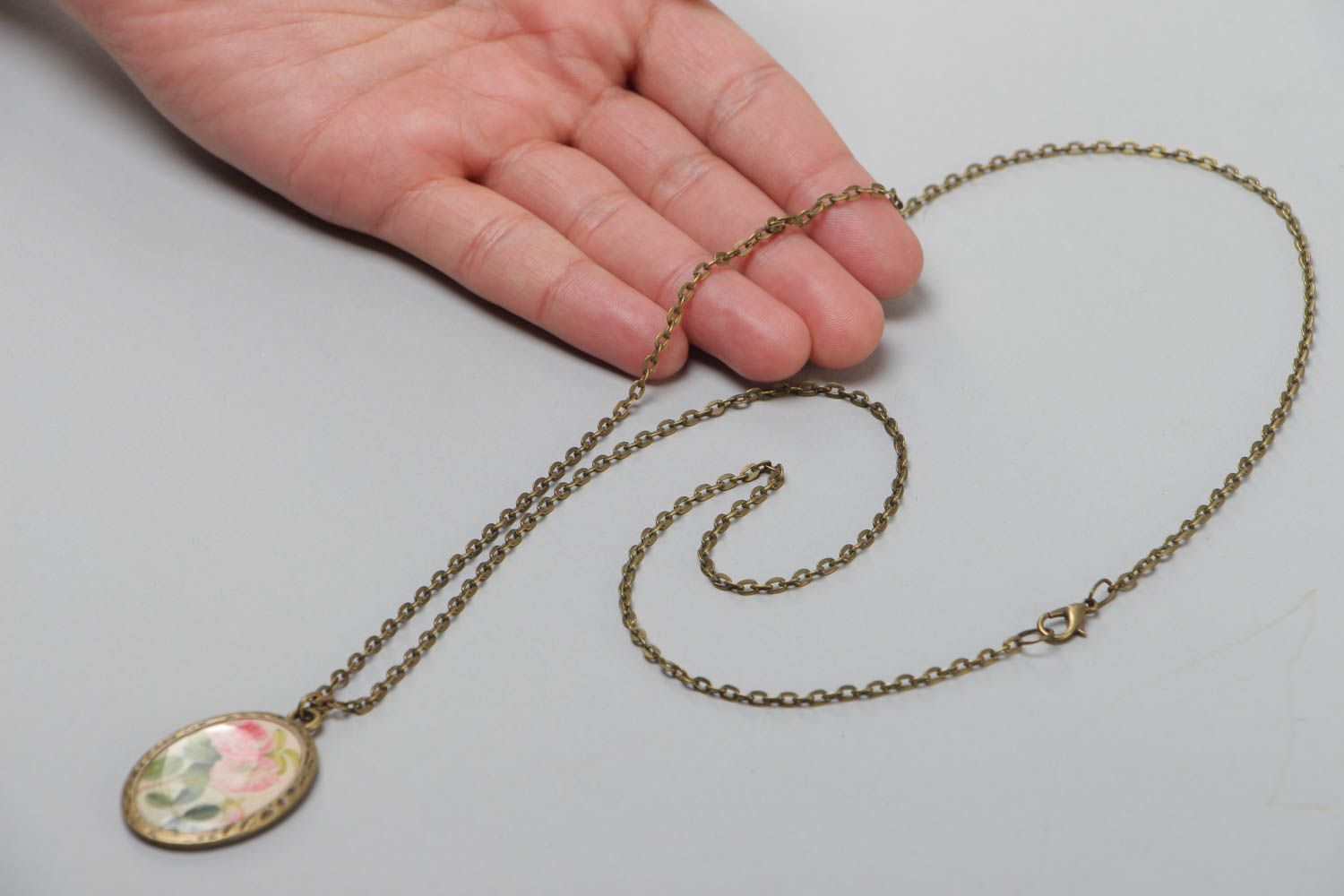 Handmade vintage glass glaze neck pendant with pink rose photo 5