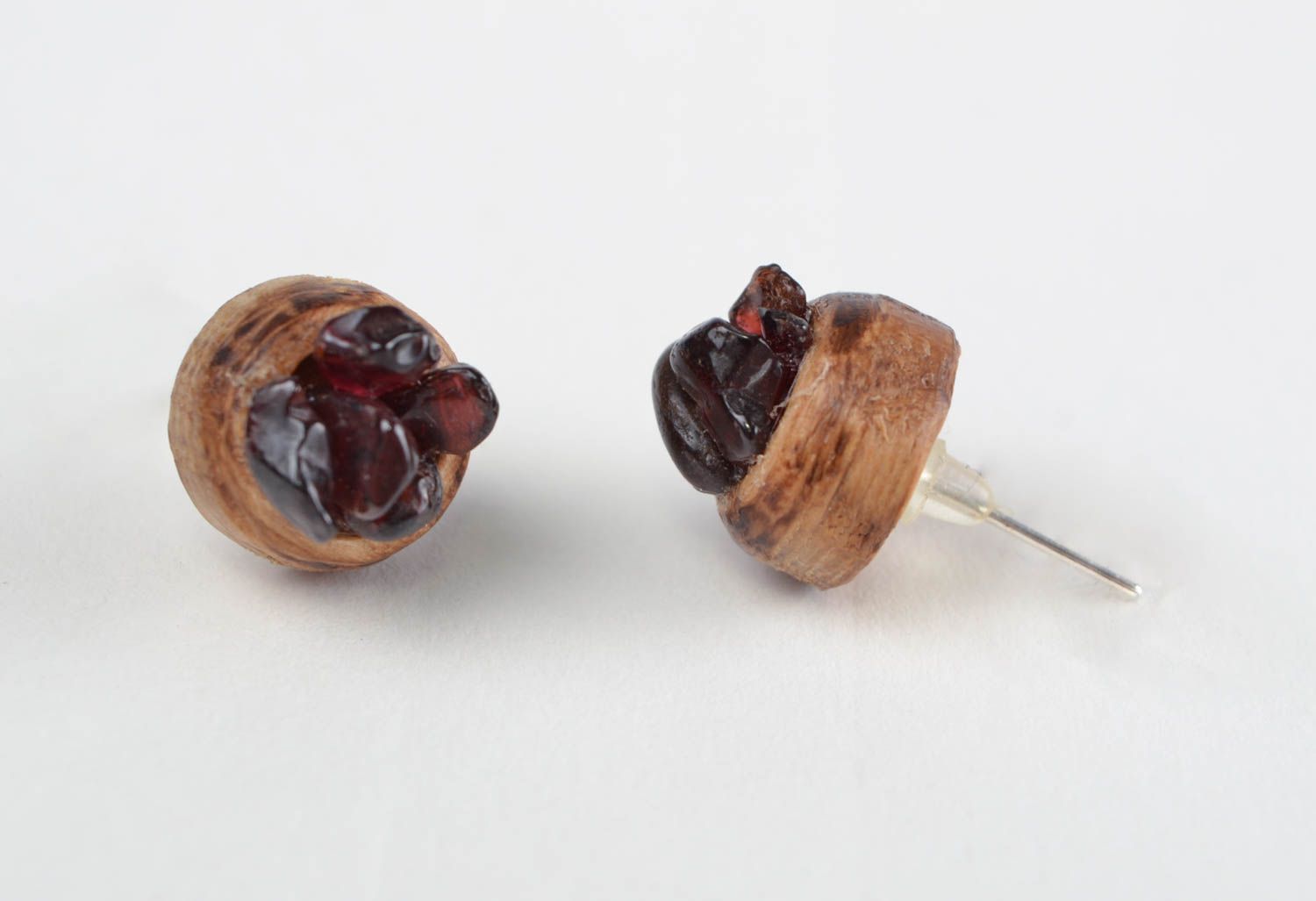 Handmade designer small wooden stud earrings with natural garnet stone photo 4