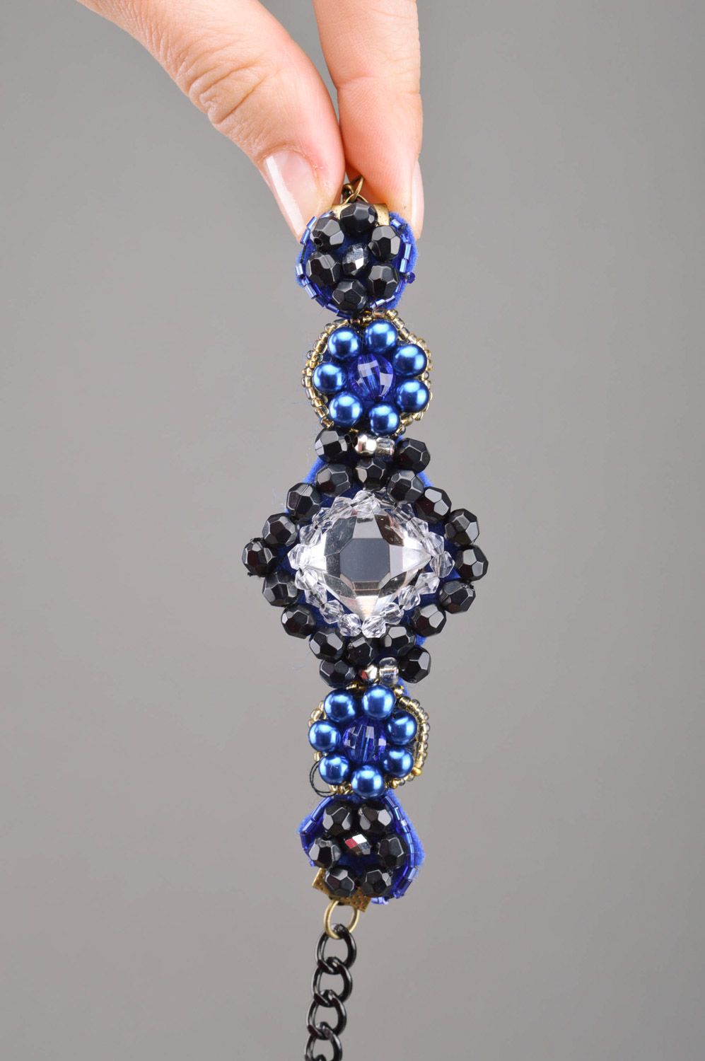 Elegant evening beaded wrist bracelet with chain in blue color palette handmade photo 4