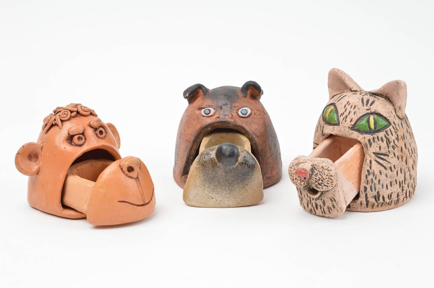 Boîtes en céramique faites main 3 pièces ensemble décoratif singe ours et chat photo 5