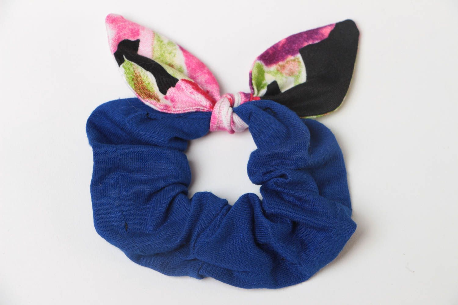 Handmade decorative bright blue fabric hair band with colorful dolly bow photo 2
