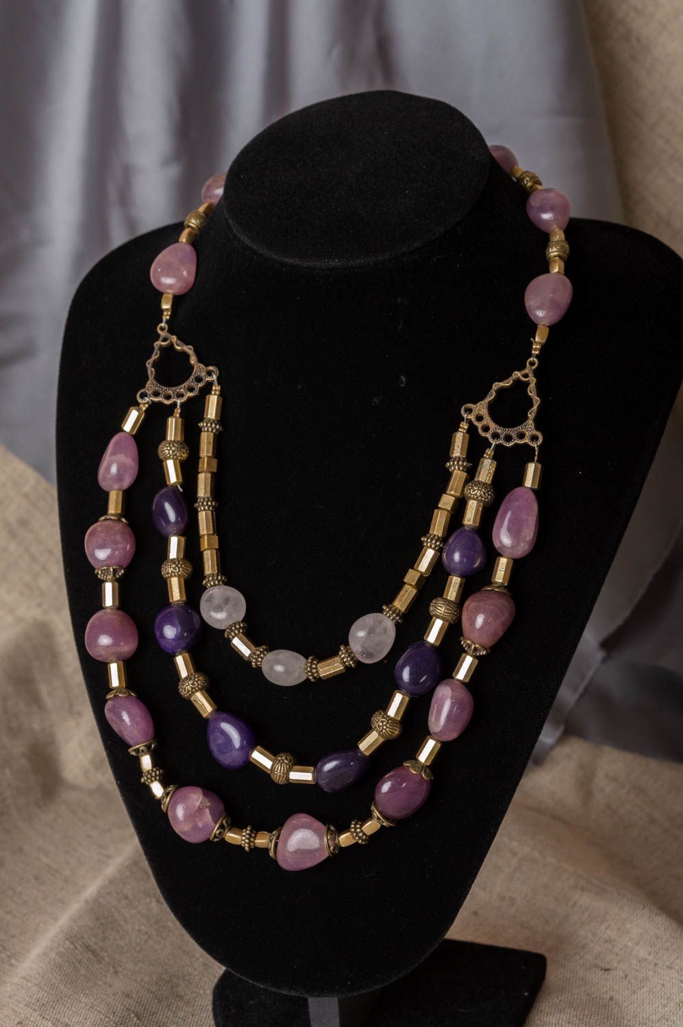 Handmade designer latten necklace with violet amethyst and quartz for women photo 1