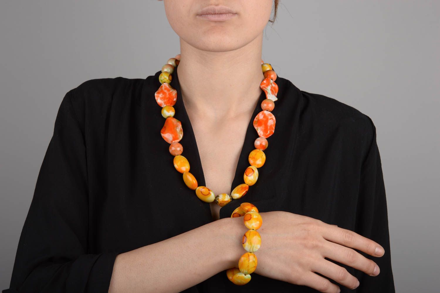 Parure collier bracelet Bijoux faits main perles fantaisie orange Cadeau femme photo 5