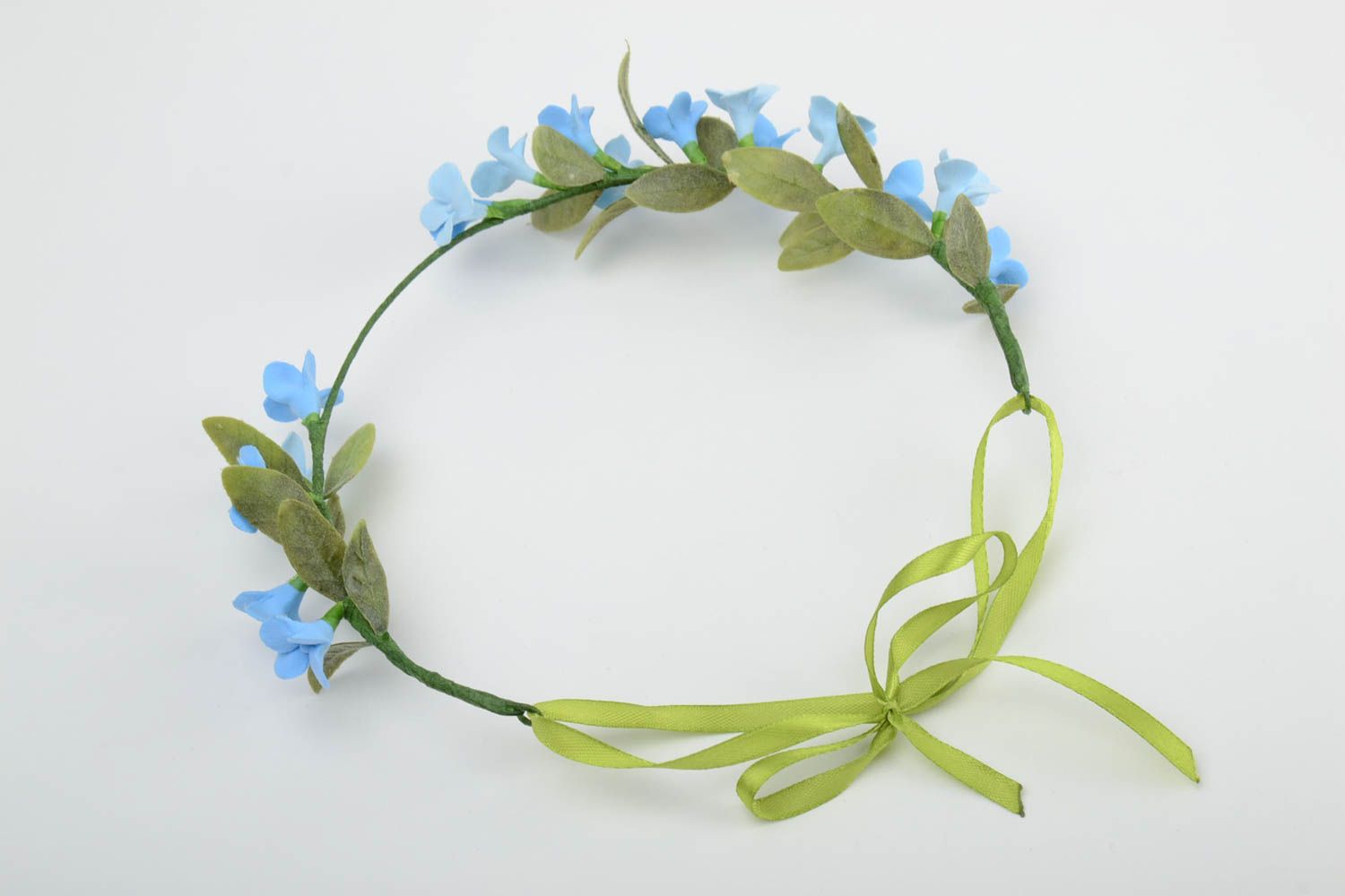Handmade tender thin headband with polymer clay blue flowers and ribbon photo 5