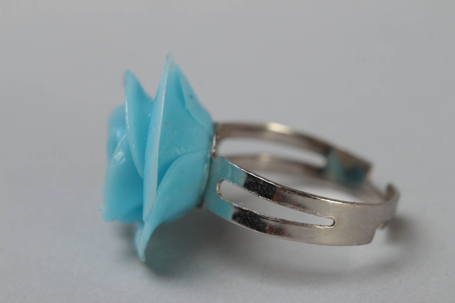 Handmade jewelry ring with metal basis and small polymer clay blue flower photo 3