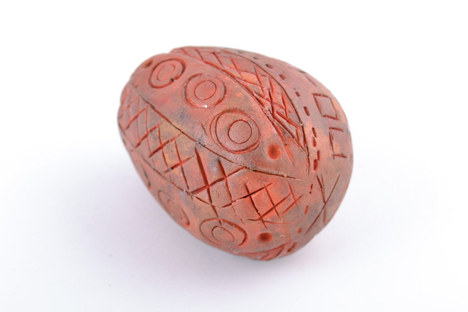 Handmade small decorative ornamented egg of brown color molded of red clay  photo 5
