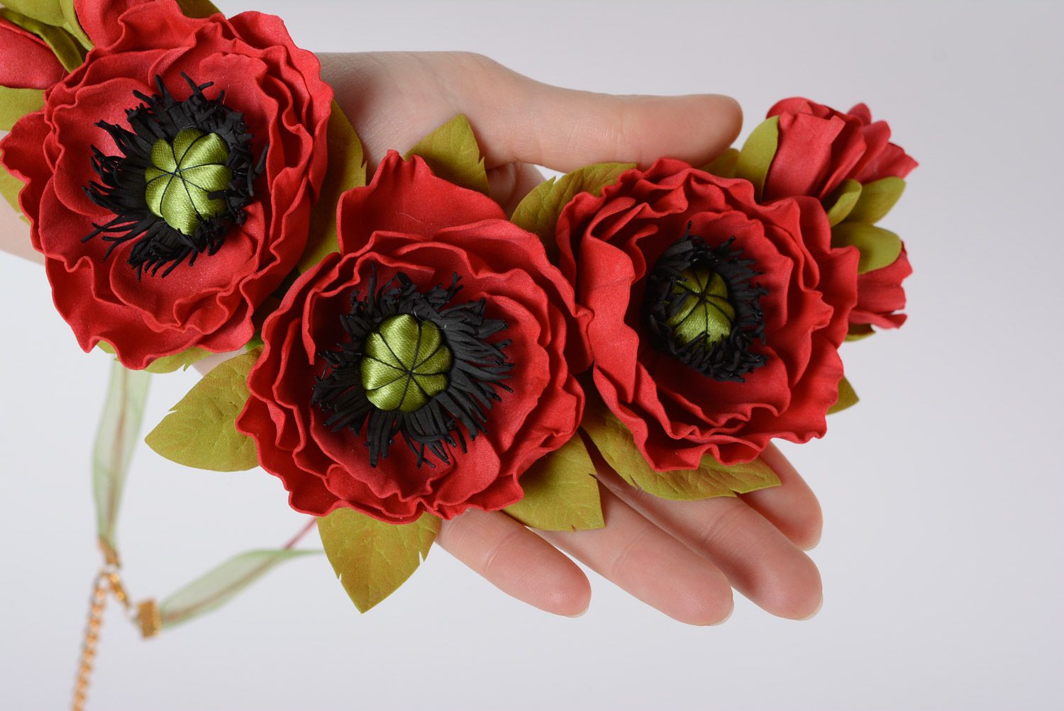 Handmade beautiful designer necklace made of suede red poppy flowers present for girl photo 4