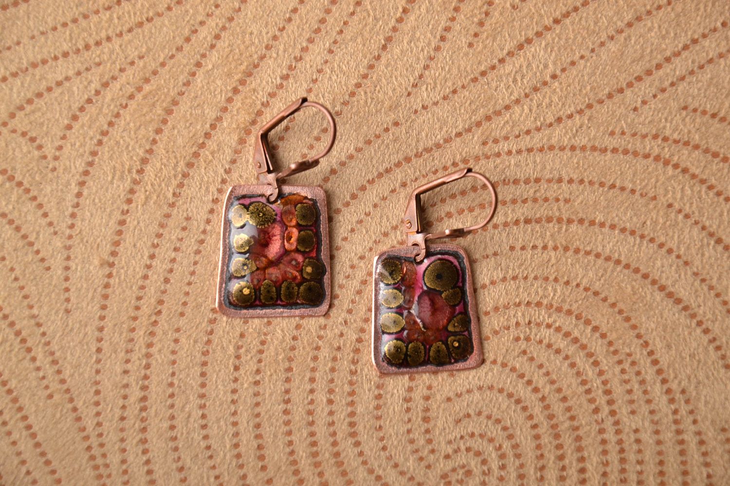 Handmade rectangular copper earrings with enamels photo 1