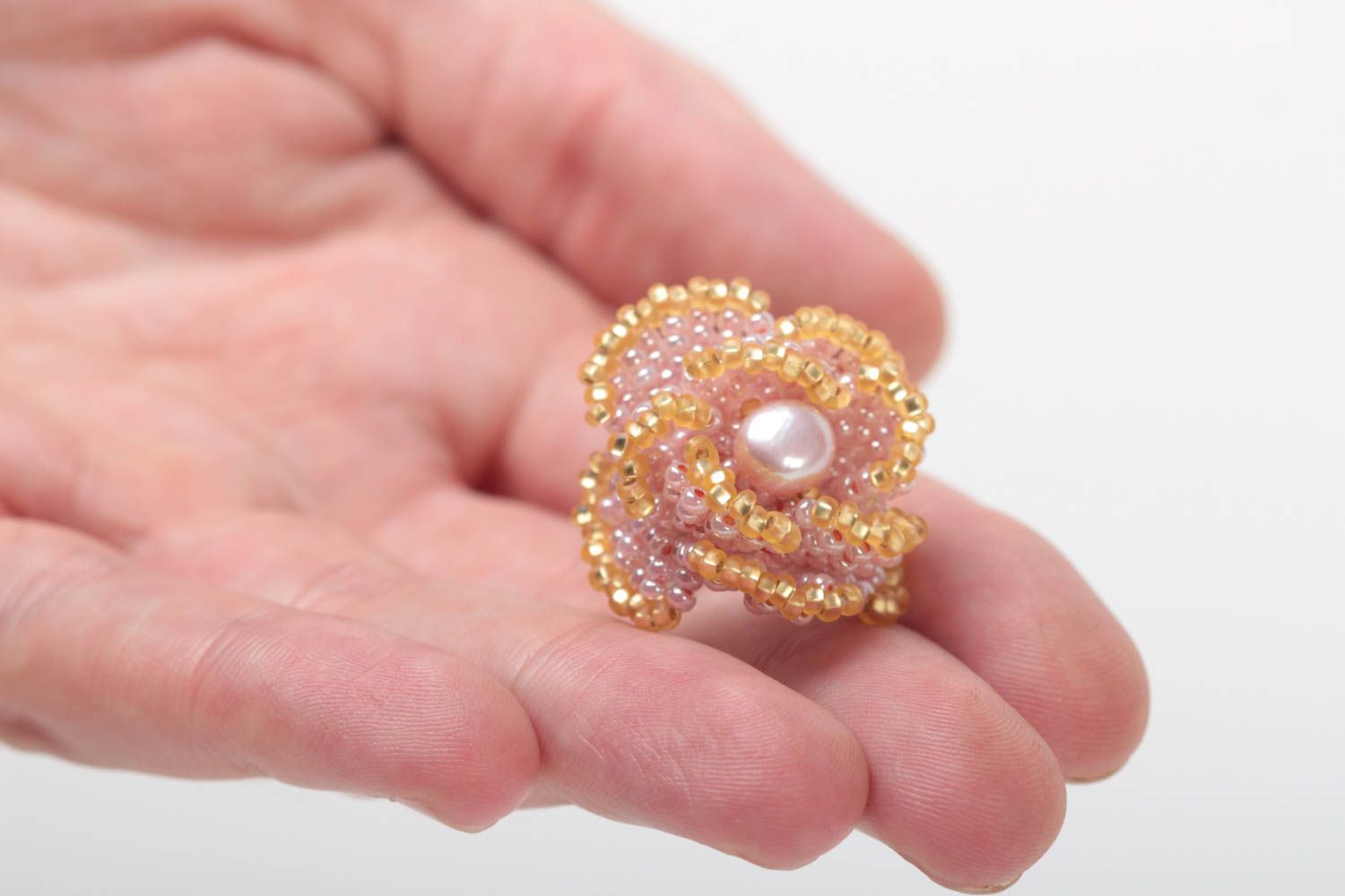 Handmade beaded ring stylish accessory with pearls flower designer jewelry photo 5