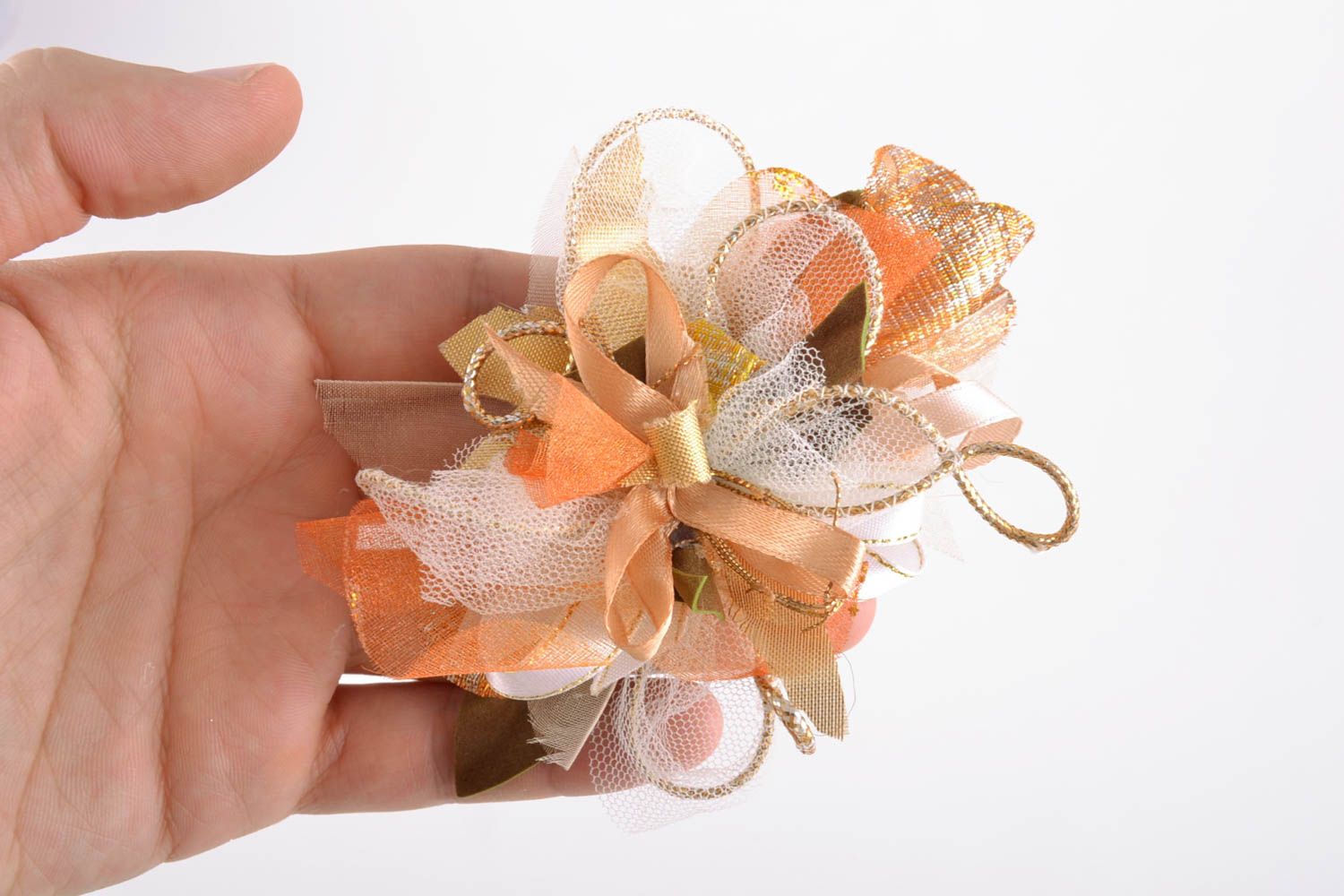Handmade large fabric flower of peach color for DIY brooch or hair clip photo 2