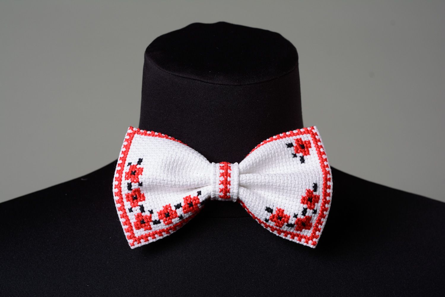 Handmade designer white bow tie with embroidered bright floral motives for men photo 1