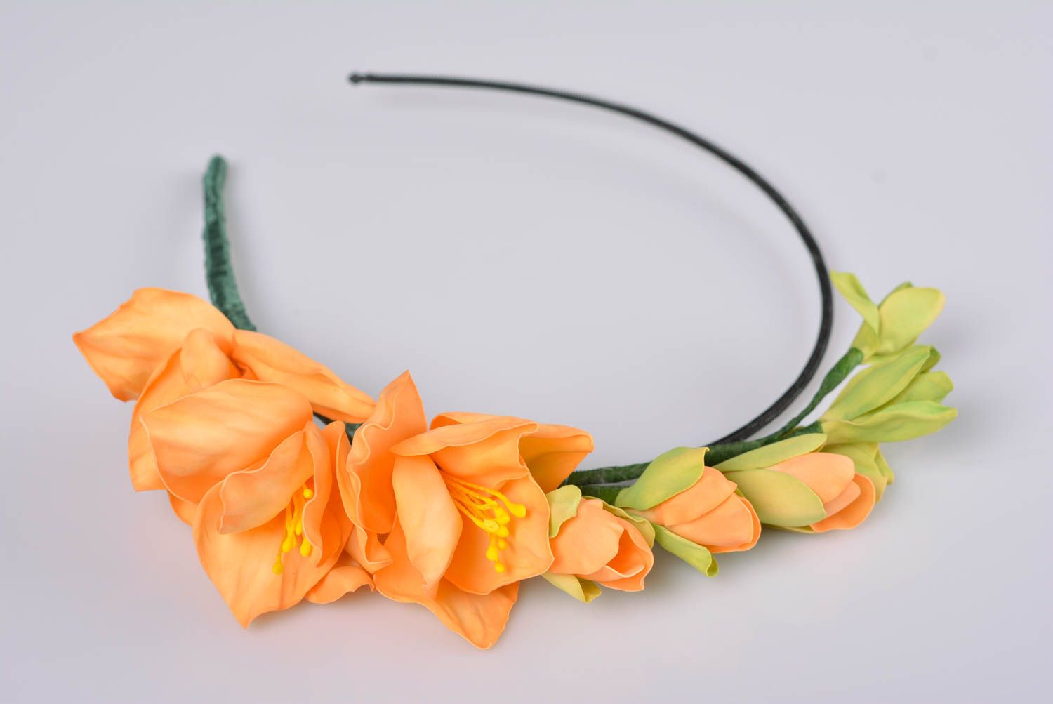 Women's beautiful handmade designer headband with orange foamiran flowers photo 1