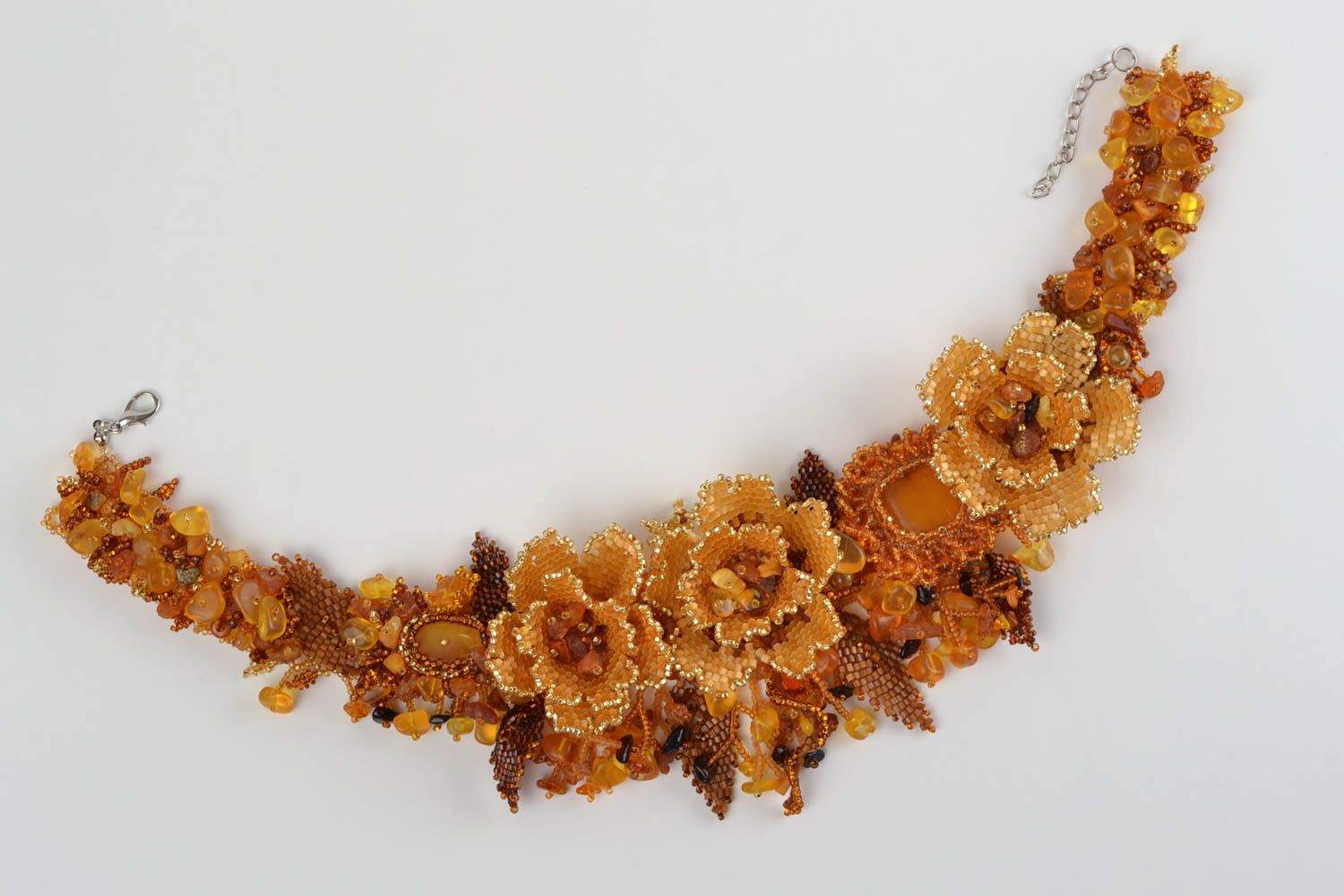 Handmade fall necklace made of beads and natural stones of amber color photo 3
