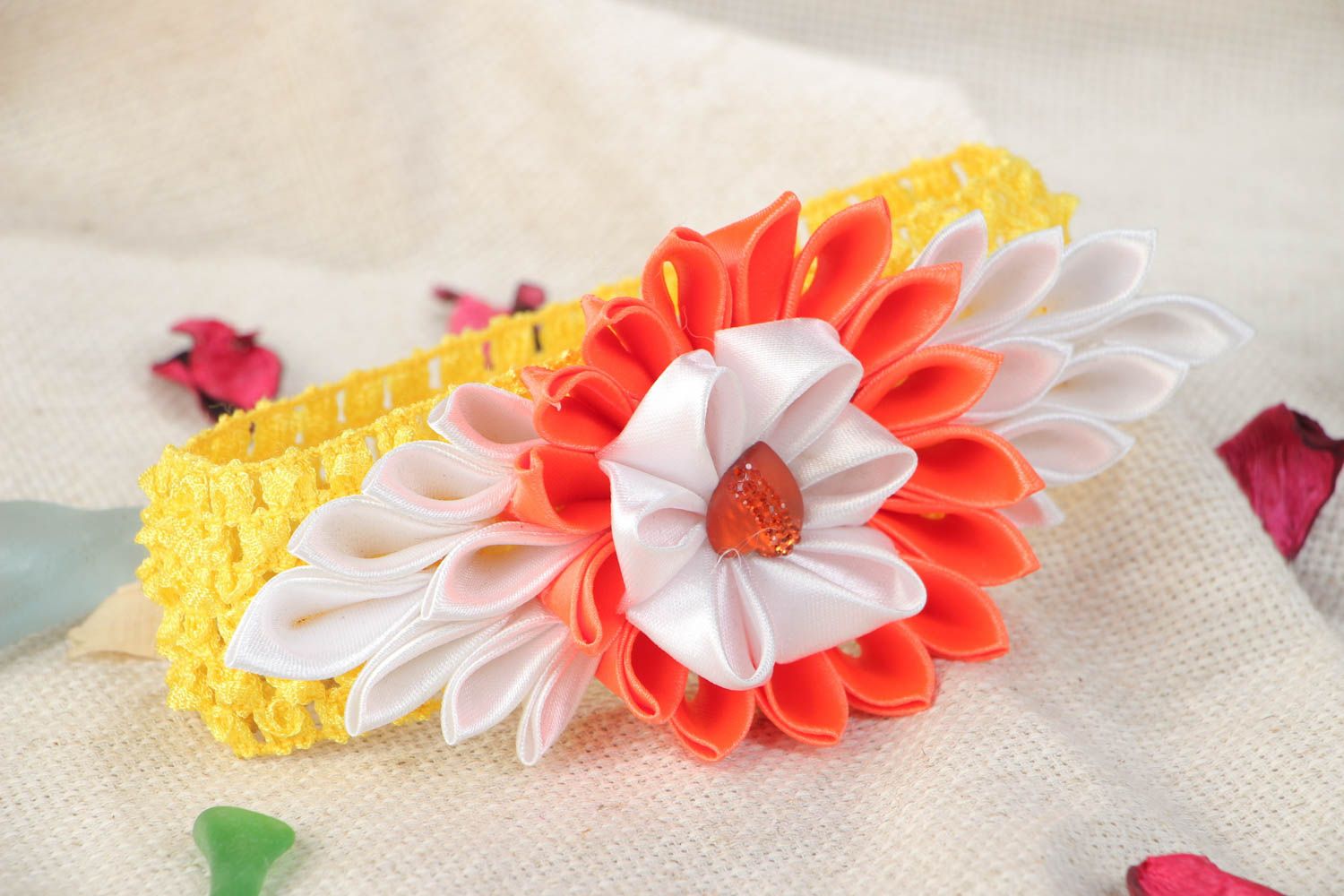 Handmade designer headband with yellow stretch basis and bright kanzashi flower photo 1