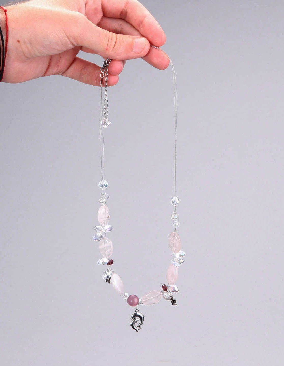 Necklace made of pink quartz & crystal photo 5