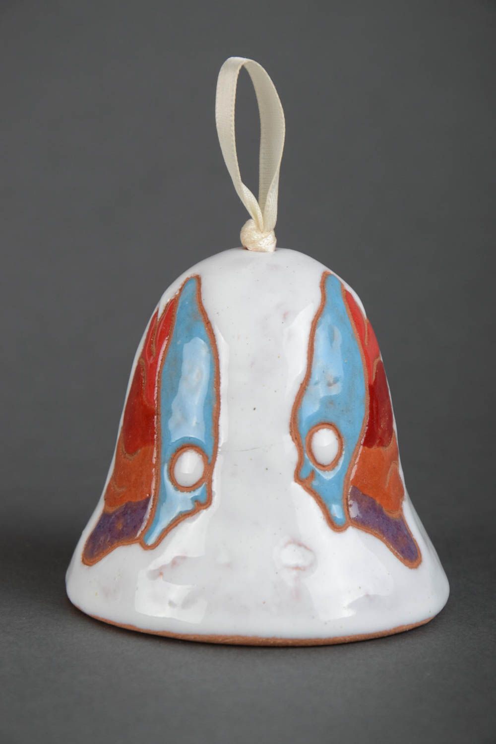 Original handmade white clay bell with paintings  photo 2