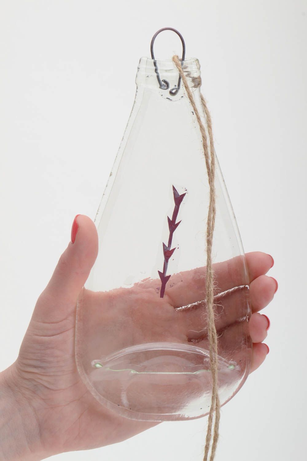 Suspension décorative en verre fusing faite main originale Bocal avec branche photo 5