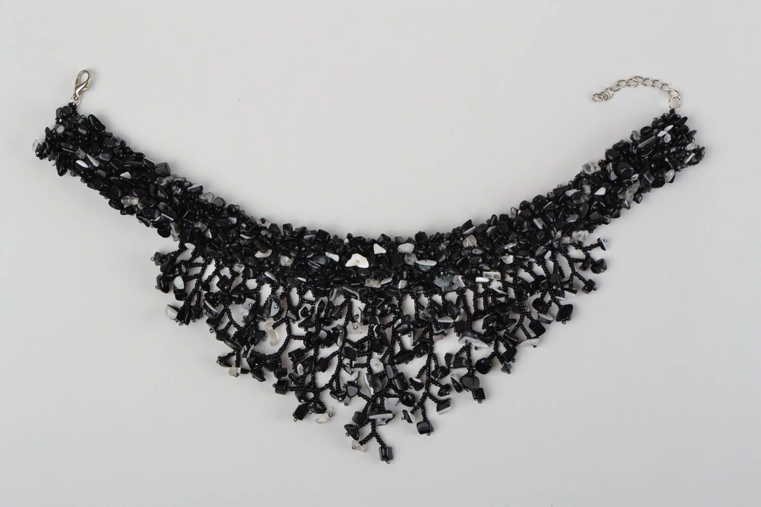 Unusual designer black handmade necklace made of beads and natural stones photo 3