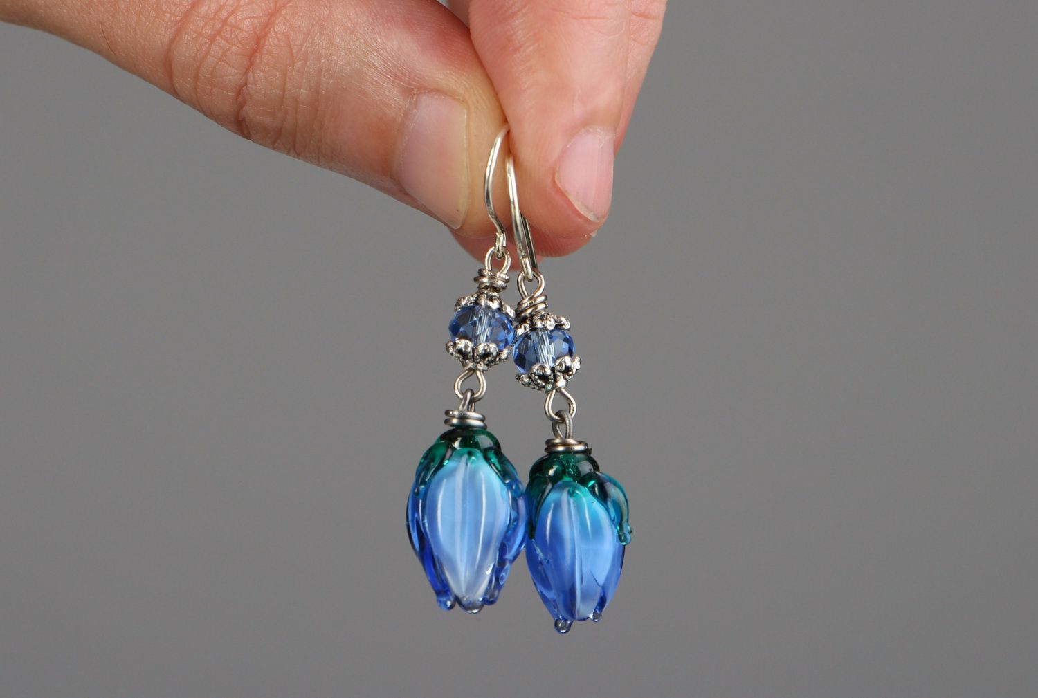 Silver earrings with glass Blue buds photo 4