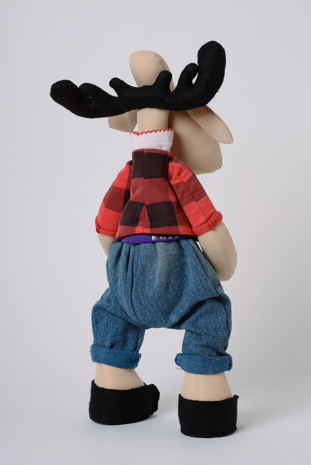 Homemade designer soft toy elk in jeans and checkered shirt photo 4