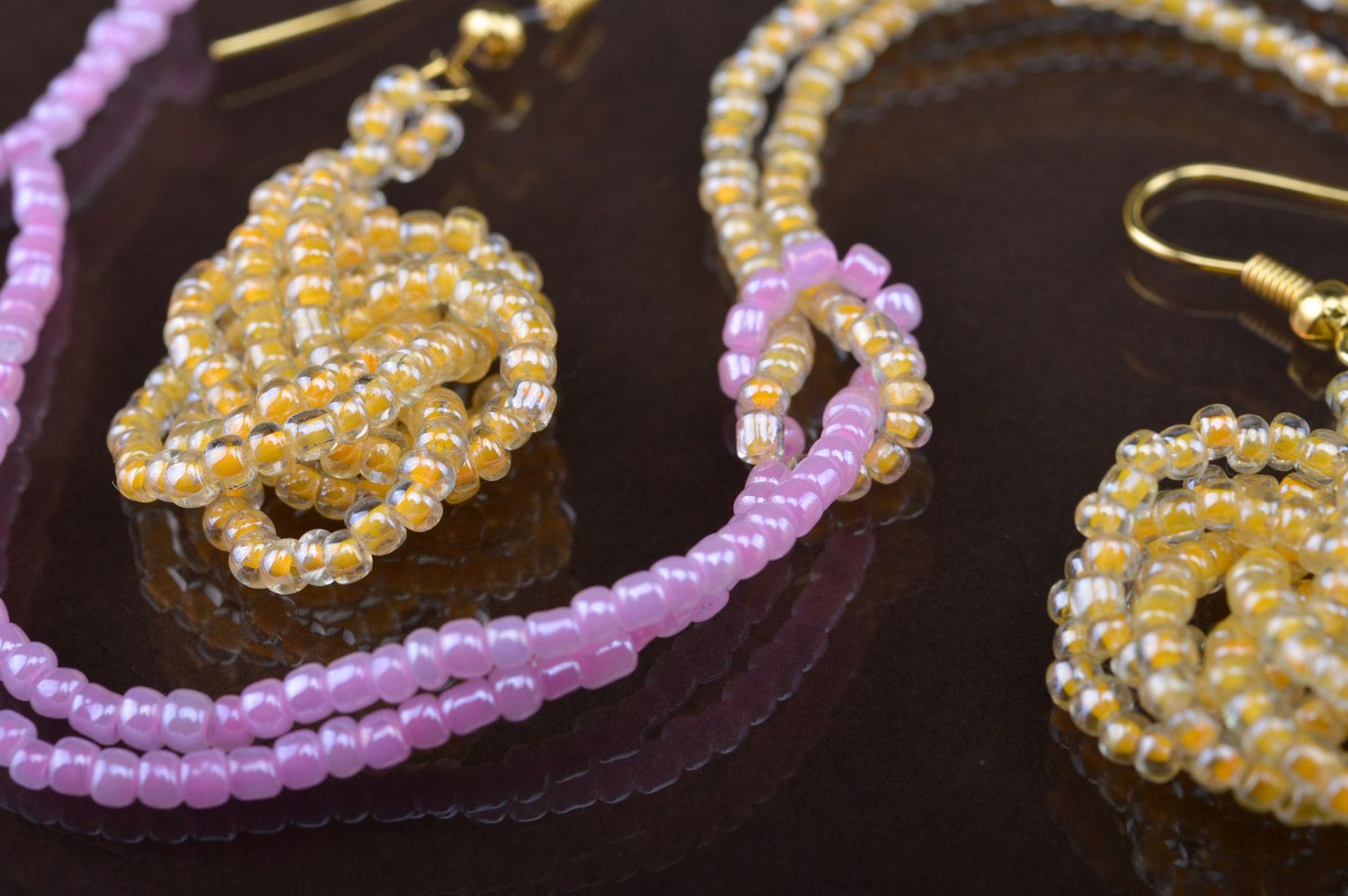 Handmade beaded jewelry set in tender colors dangle earrings and wrist bracelet photo 5
