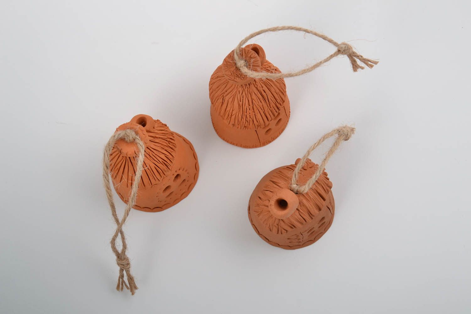Set of 3 handmade designer molded brown clay bells in the shape of houses photo 3
