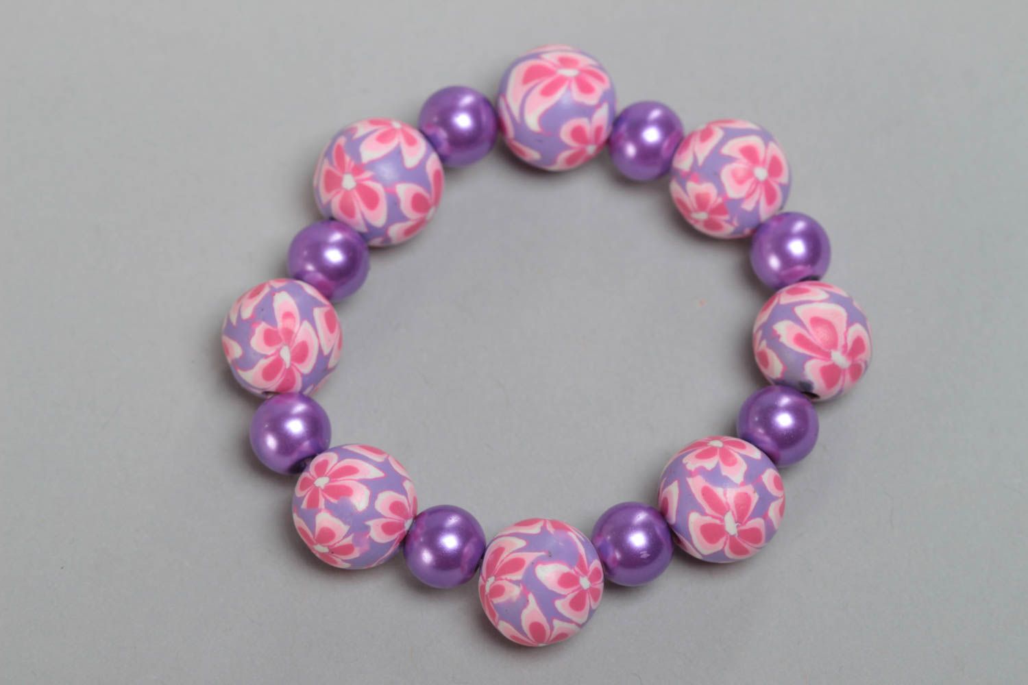 Violet handmade children's polymer clay wrist bracelet with beads photo 4