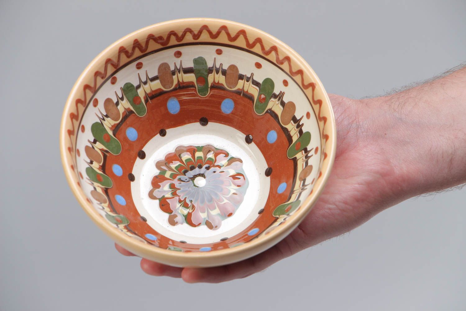 Designer deep ceramic bowl 400 ml with glaze painted ornaments handmade photo 5