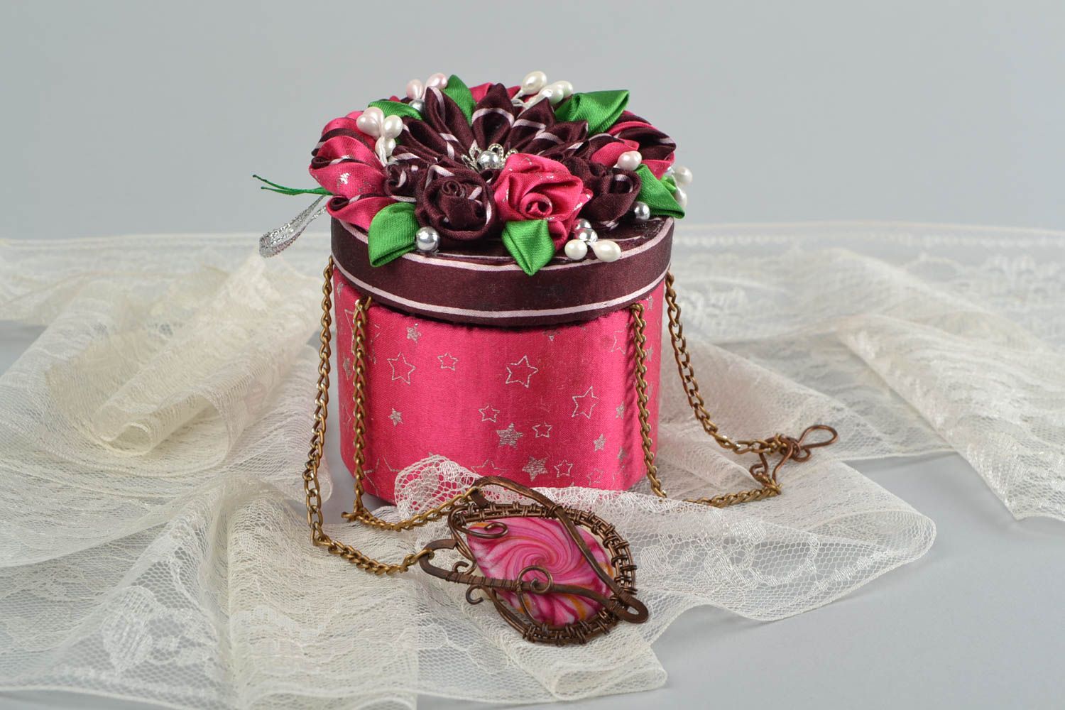 Beautiful handmade designer round carton box with kanzashi satin ribbon flowers photo 1